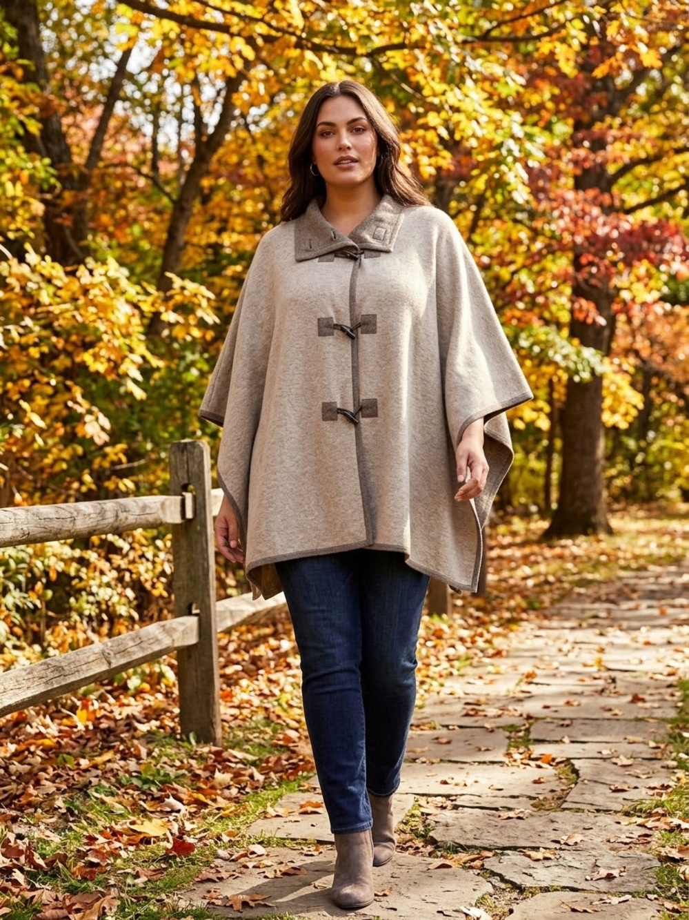 Women's Beige Toggle Poncho Sweater - Classic Draped Knit